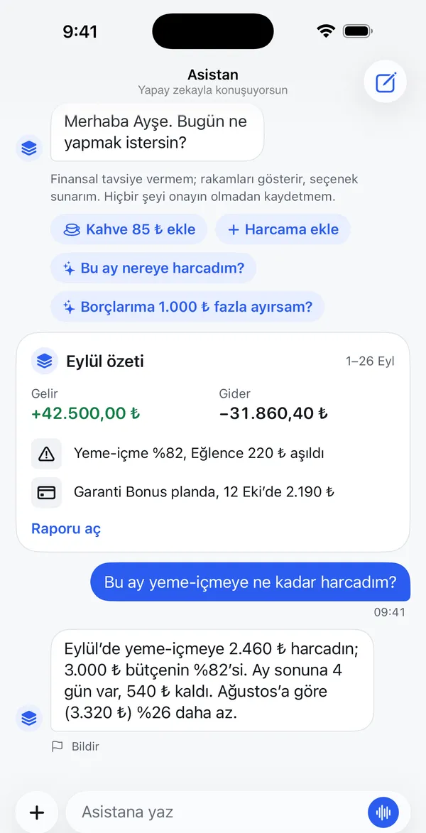 Yapay zeka olduğu belirtilen Asistan ekranı: karşılama, finansal tavsiye vermediğini ve onaysız hiçbir şey kaydetmediğini söyleyen not, önerilen sorular, ayın özet kartı ve “Bu ay yeme-içmeye ne kadar harcadım?” sorusuna verdiği cevap ile Bildir düğmesi.