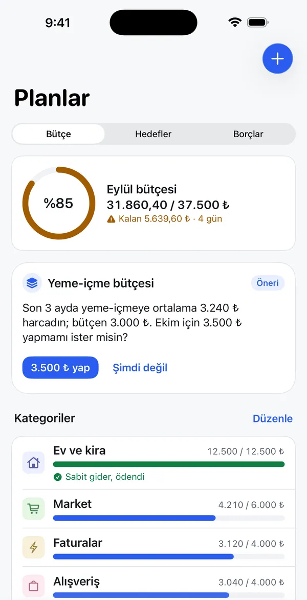 Bütçe ekranı: aylık bütçenin %85’inin kullanıldığını gösteren halka ve her kategori için ilerleme çubukları.