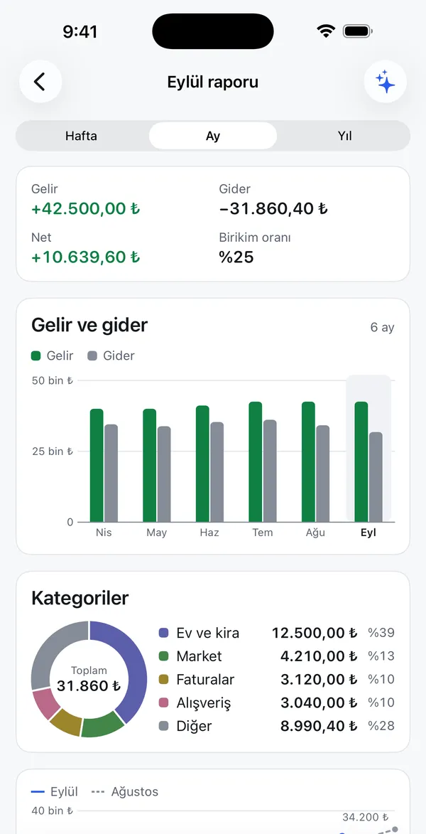 Aylık rapor: altı aylık gelir ve gider grafiği ve kategori dağılımı.