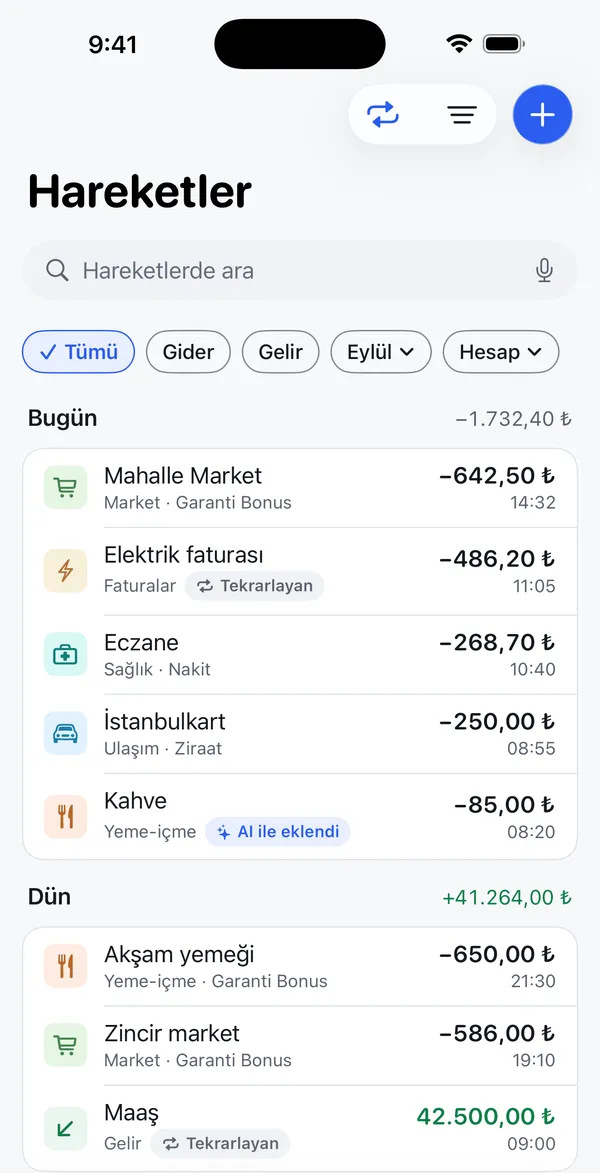 Hareketler ekranı: güne göre gruplanmış, aranabilir liste; gider, gelir, ay ve hesap süzgeçleri.